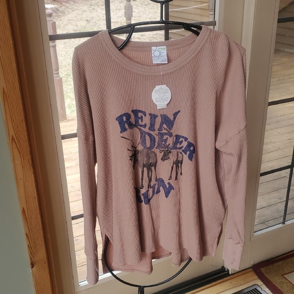 Aerie Blush Waffle Knit Long Slv Blue & Brown Reindeer Graphic Sz M Tunic w Thum